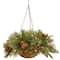 20" Pre-lit Feel Real® Colonial Artificial Christmas Hanging Basket with Cones, Red Berries &50 Warm White Battery Operated LED Lights w/Timer
